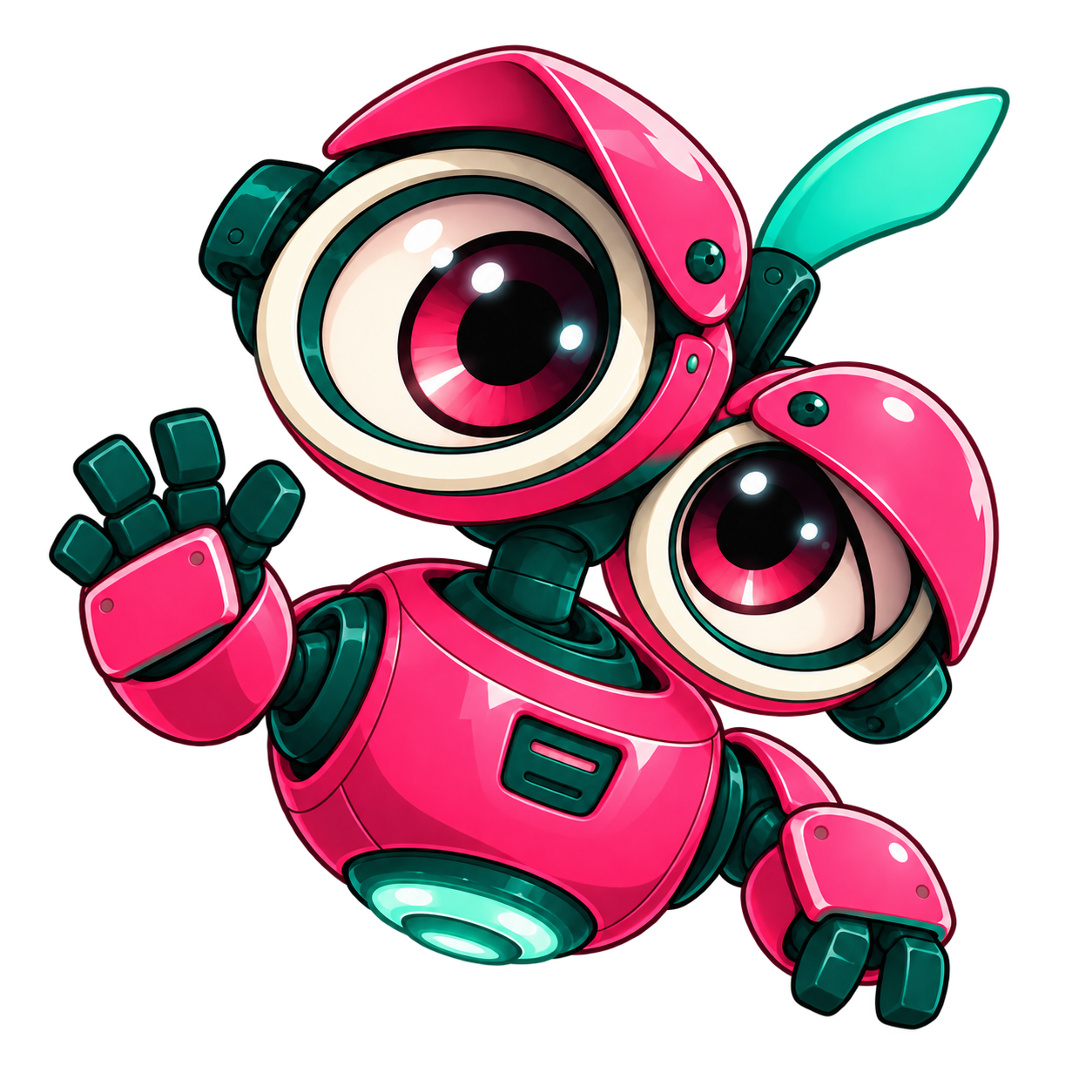 Bobo, a curious raspberry-pink robot, waving hello
